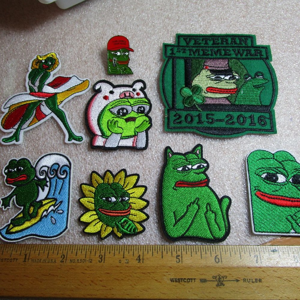 7 Iron on Patches & 1 Enamel Pin, Pepe the Frog with a MAGA Pepe Enamel Pin